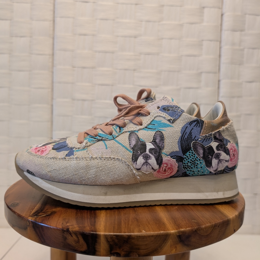 Philippe Model Tropez French Bulldog Floral Canvas Sneakers Rose Gold 37‎